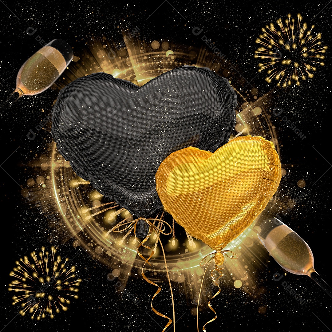 Elemento 3D Ano Novo Balões de Coração Para Composição PSD
