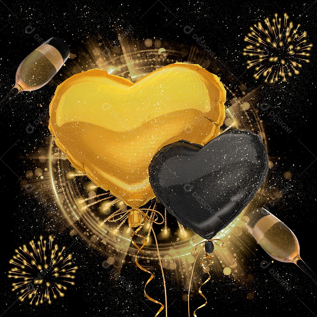 Elemento 3D Ano Novo Balões de Coração Para Composição PSD