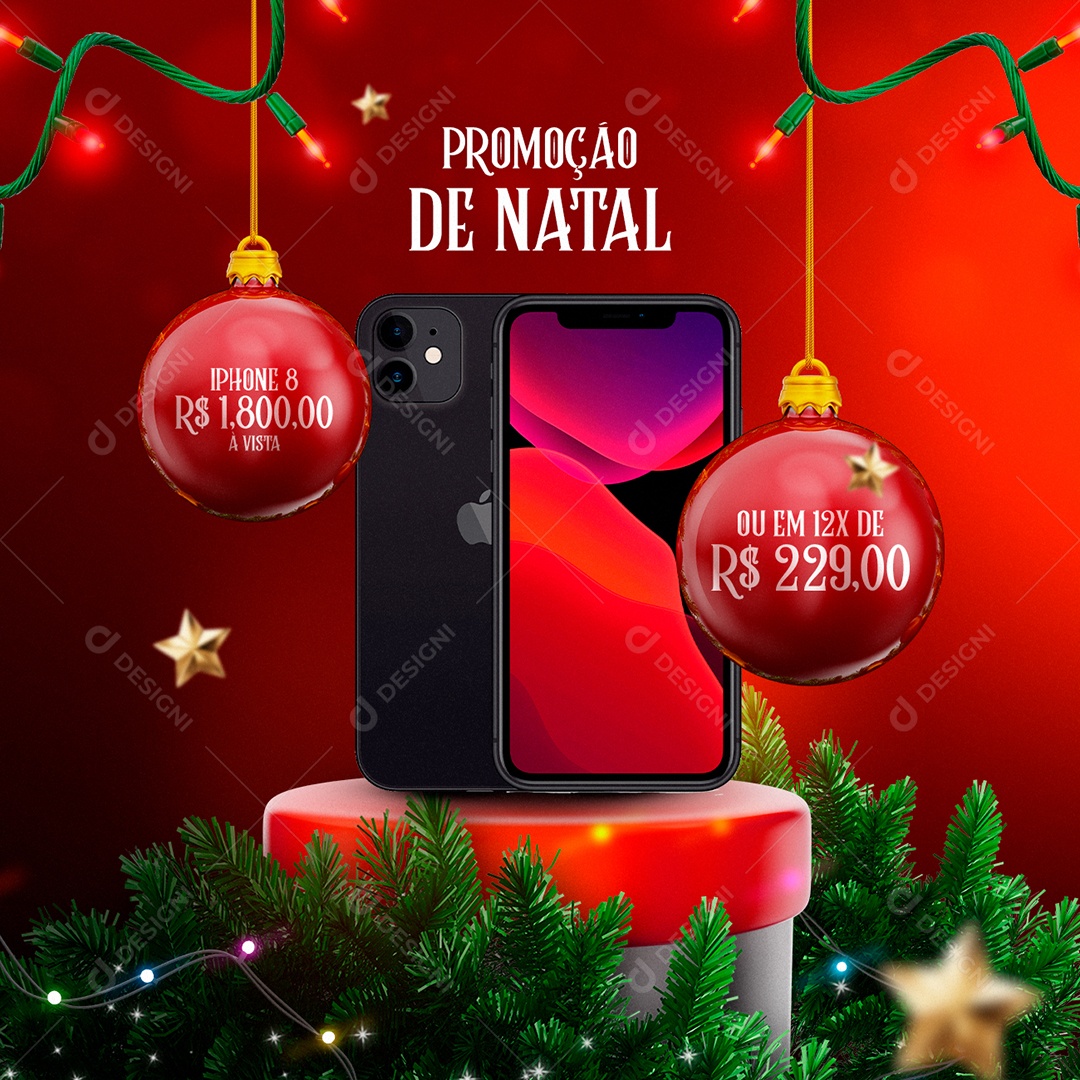 Promoção de Natal Iphone 8 1,800 Varejo de Celulares Social Media PSD Editável