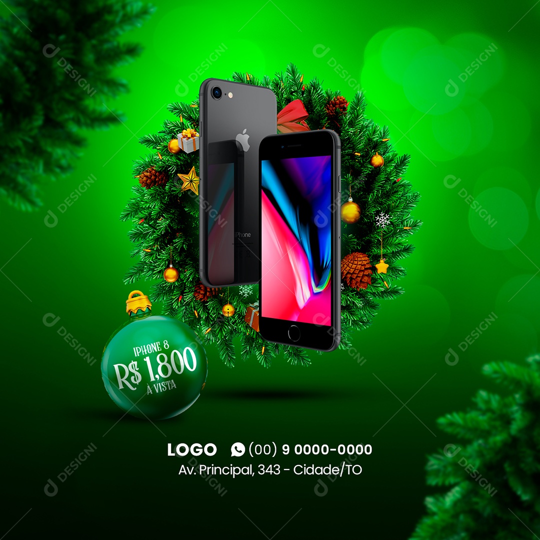 Ofertas de Natal Iphone 8 1,800 Varejo de Celulares Social Media PSD Editável