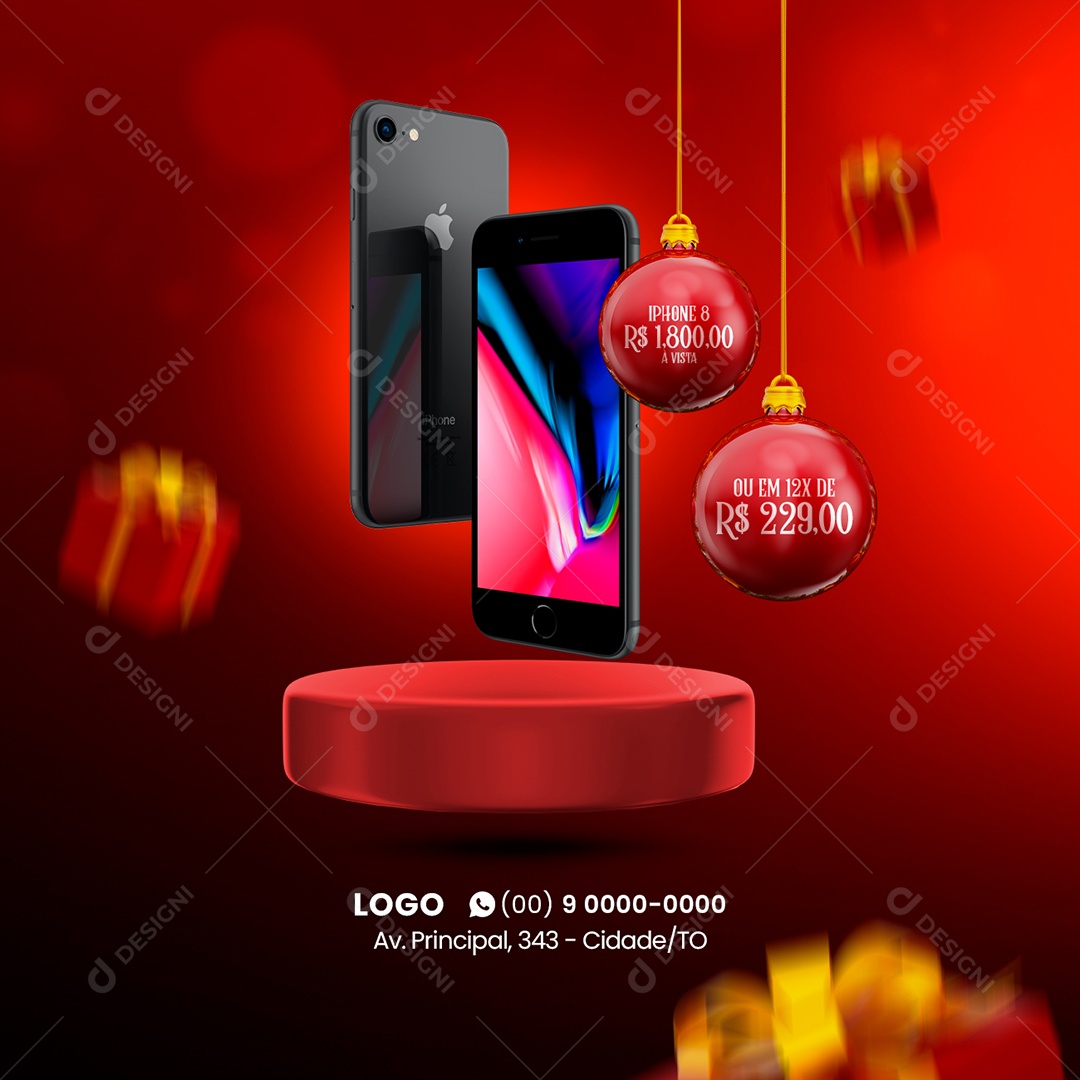 Ofertas de Natal Iphone 8 1,800 Varejo de Celulares Social Media PSD Editável