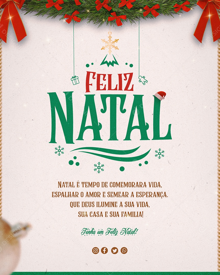 Feliz Natal Natal é Tempo de Comemorar a Vida Espalhar o Amor e Semear a Esperança Que Deus Ilumine a Sua Vida Sua Casa e Sua Família Social Media PSD Editável