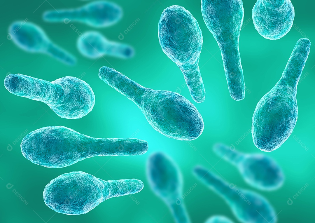 Bactérias Clostridium tetani sob microscópio ampliado, causando a doença tétano