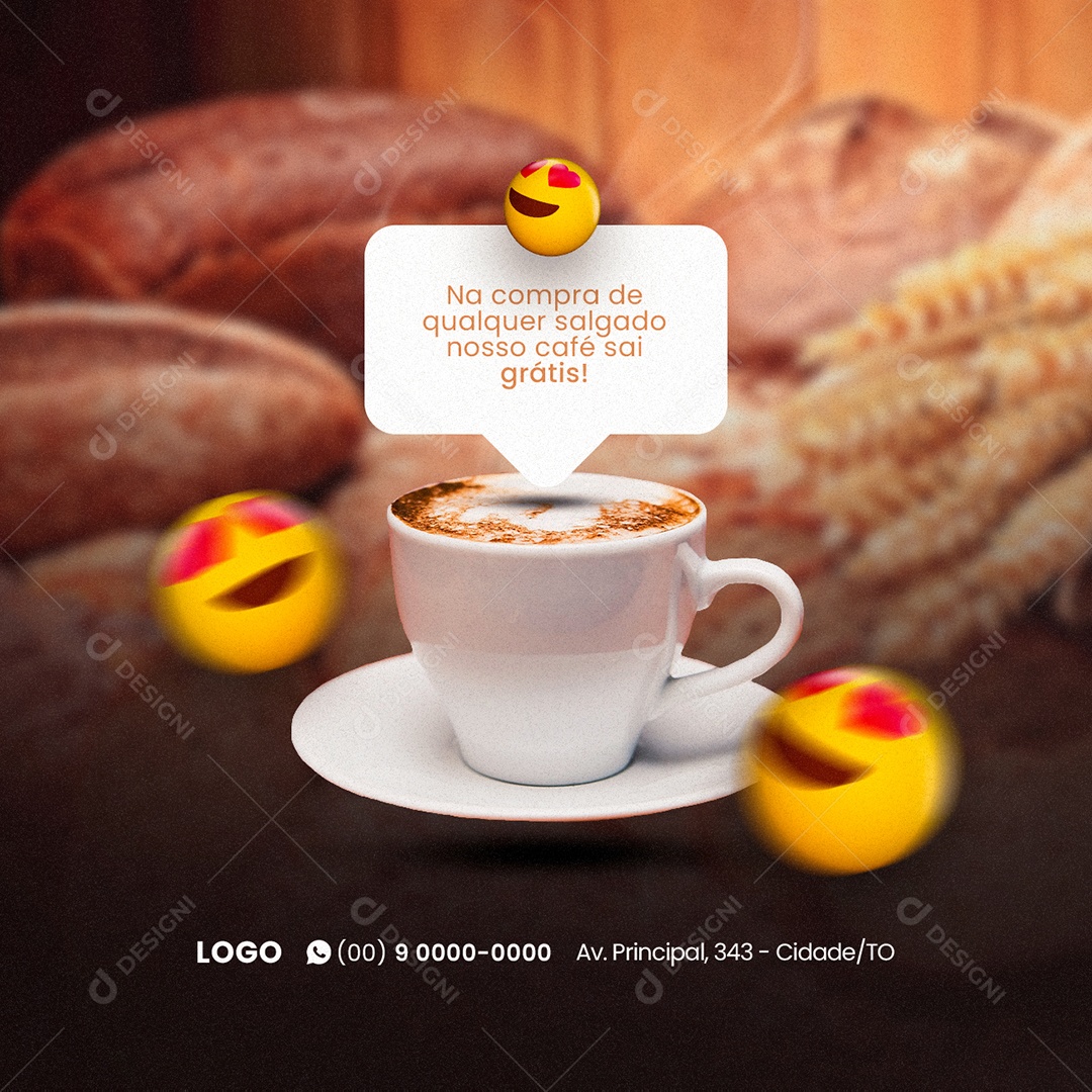Na Compra de Qualquer Salgado nosso Café sai Grátis Padaria Social Media PSD Editável