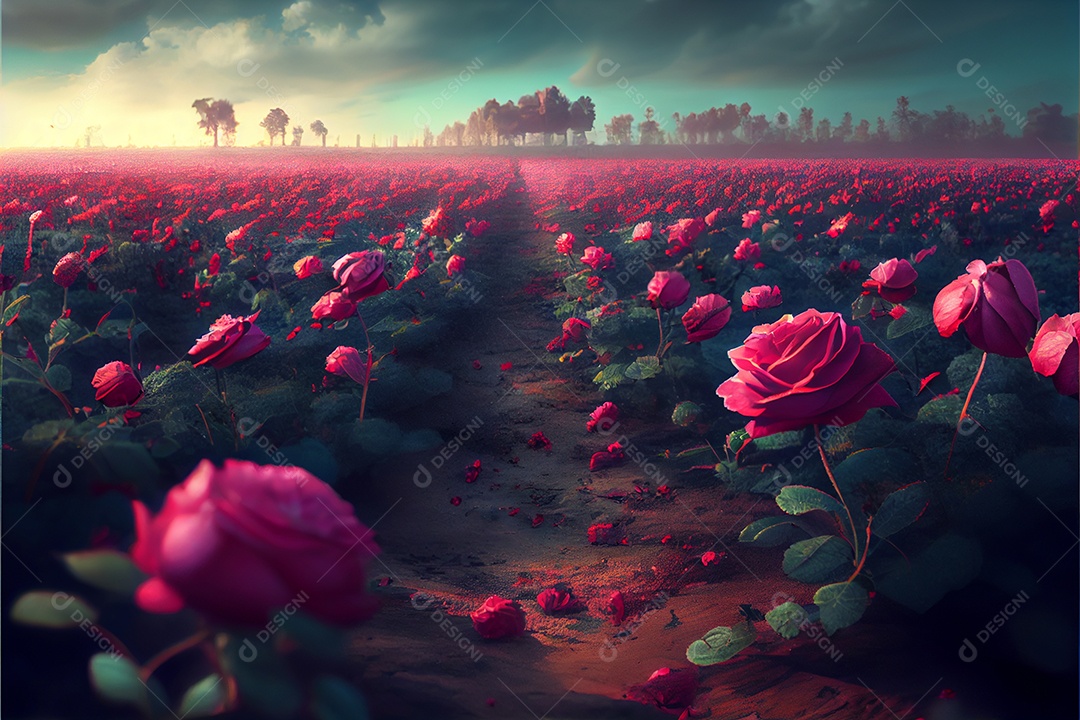 Campo de rosas, amor, renderização realista do dia dos namorados