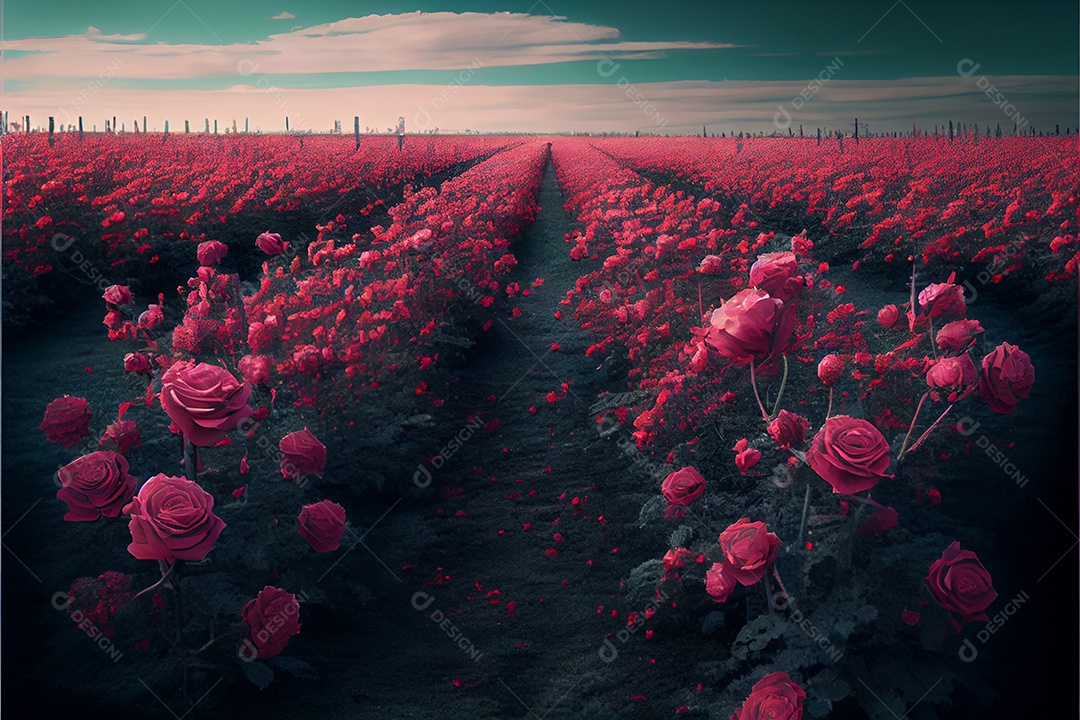 Campo de rosas, amor, renderização realista do dia dos namorados