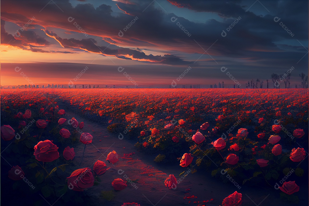 Campo de rosas, amor, renderização realista do dia dos namorados