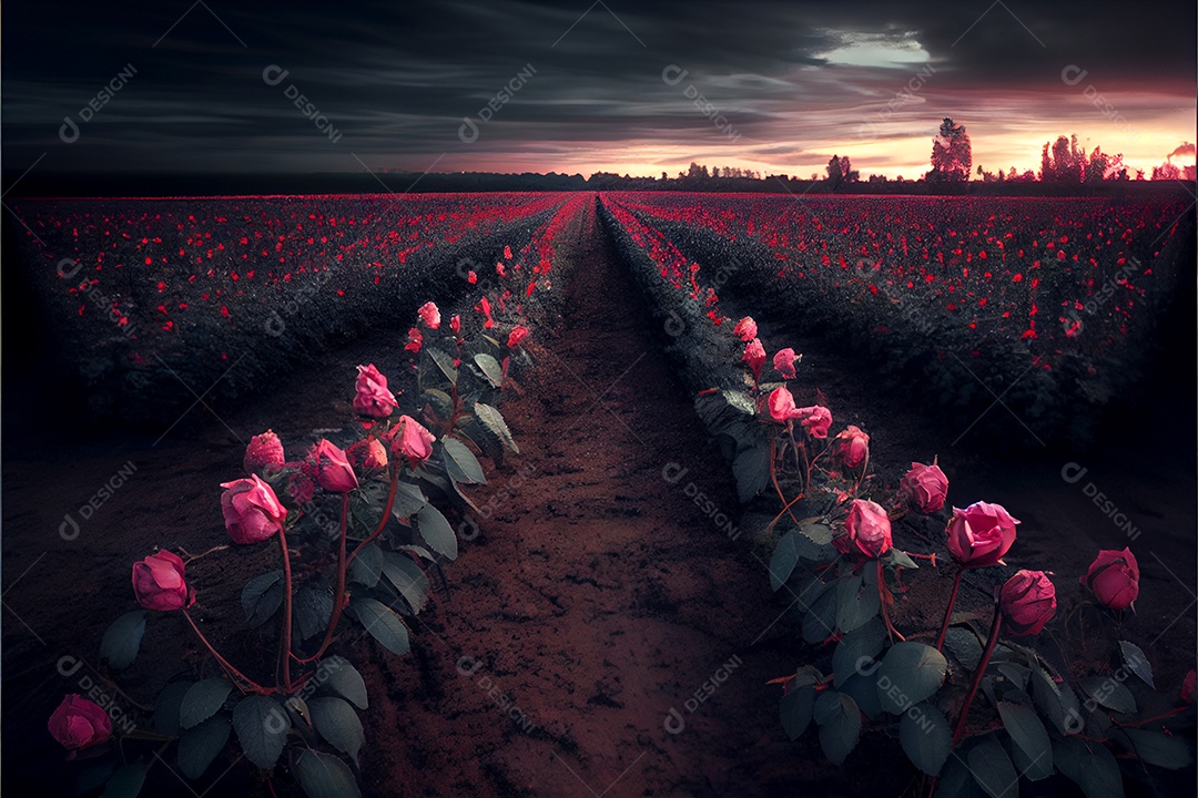 Campo de rosas, amor, renderização realista do dia dos namorados