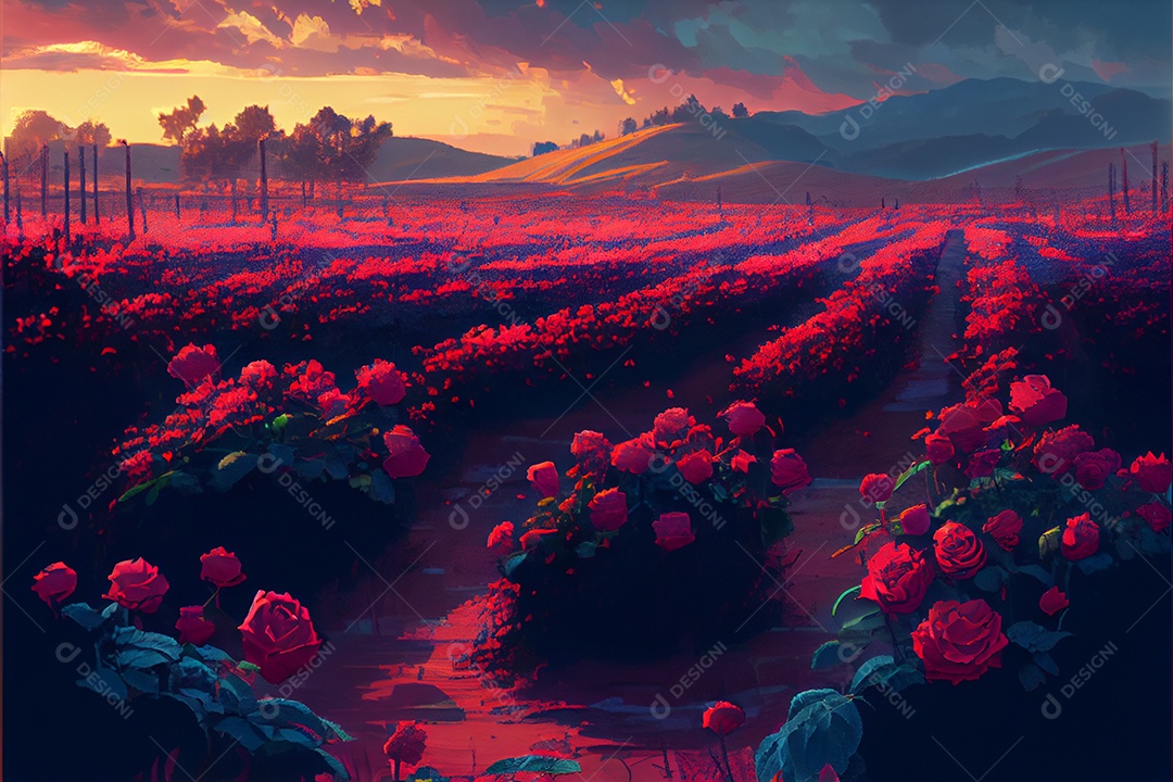 Campo de rosas, amor, renderização realista do dia dos namorados