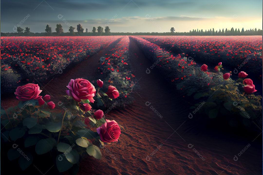 Campo de rosas, amor, renderização realista do dia dos namorados