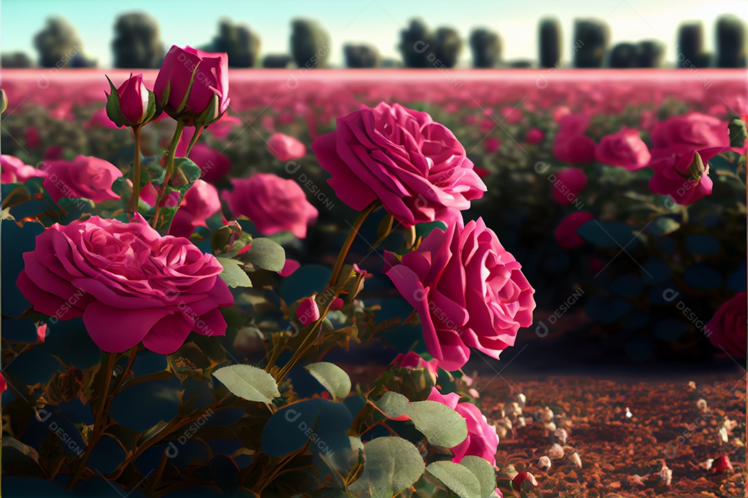 Campo de rosas, amor, renderização realista do dia dos namorados