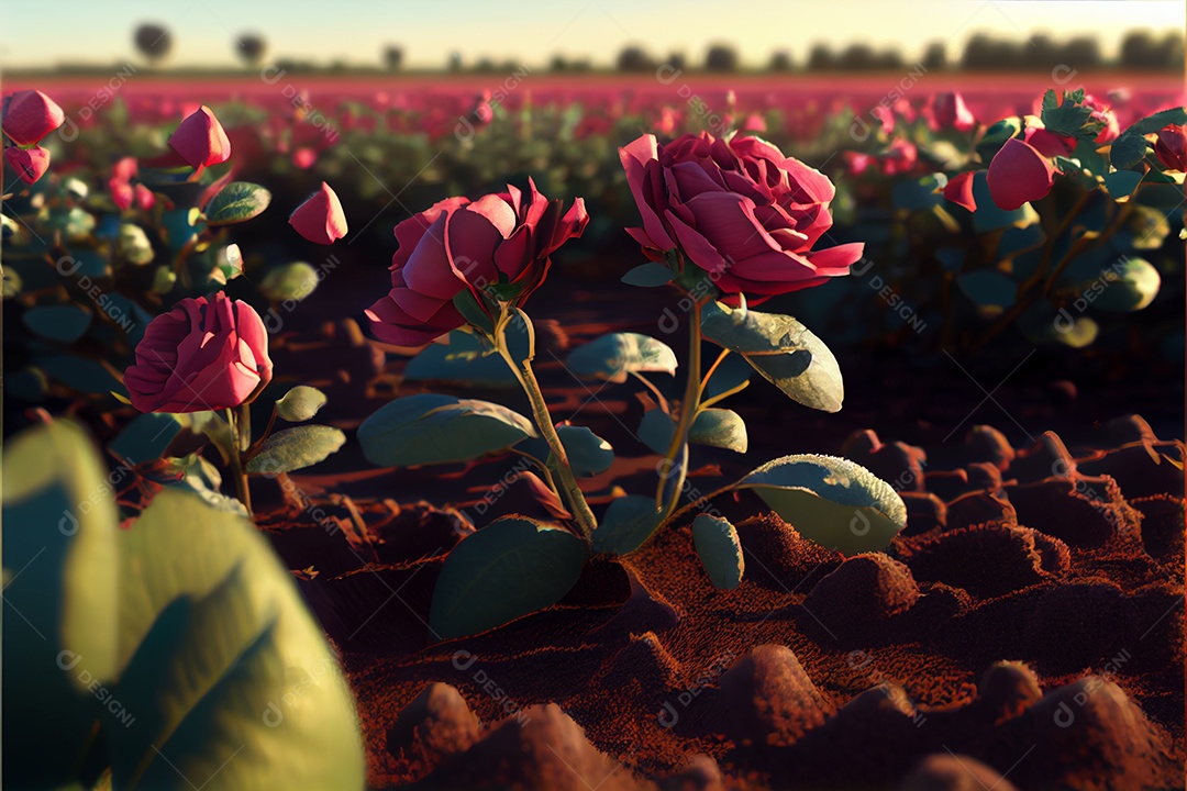 Campo de rosas, amor, renderização realista do dia dos namorados