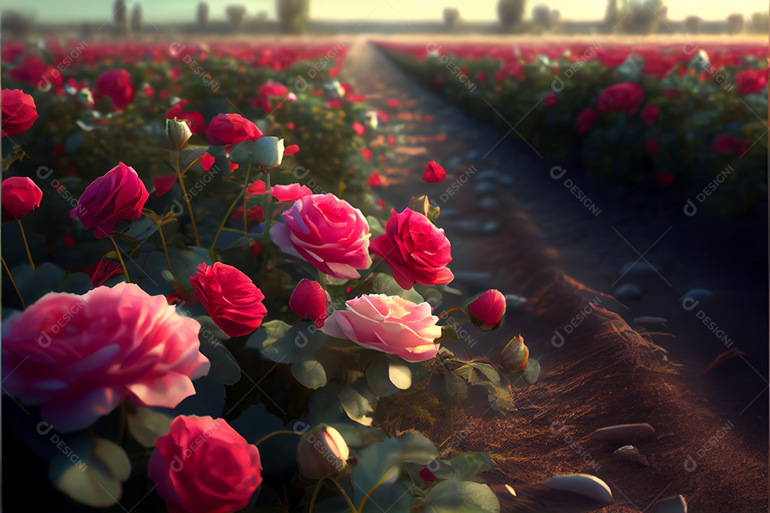 Campo de rosas, amor, renderização realista do dia dos namorados