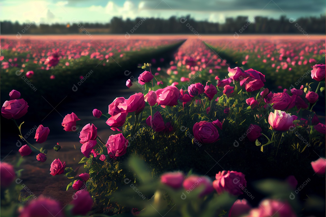 Campo de rosas, amor, renderização realista do dia dos namorados