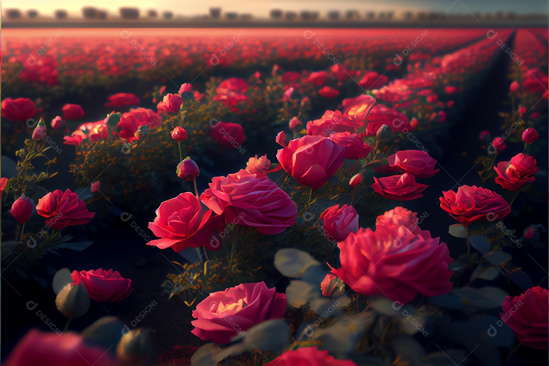 Campo de rosas, amor, renderização realista do dia dos namorados