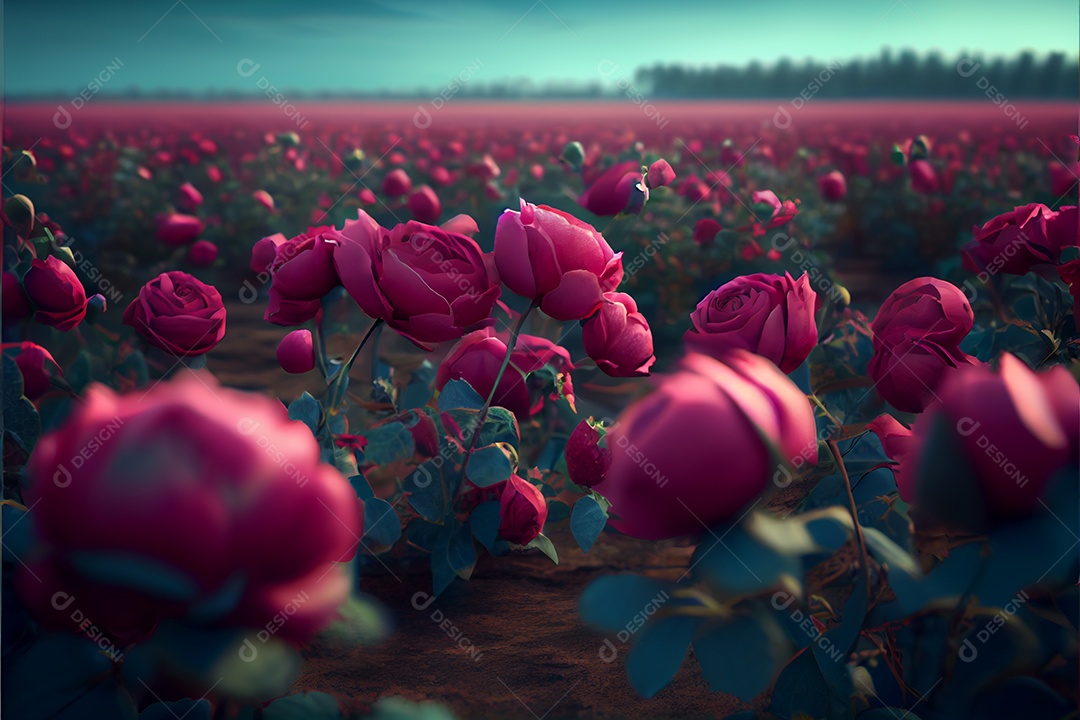 Campo de rosas, amor, renderização realista do dia dos namorados