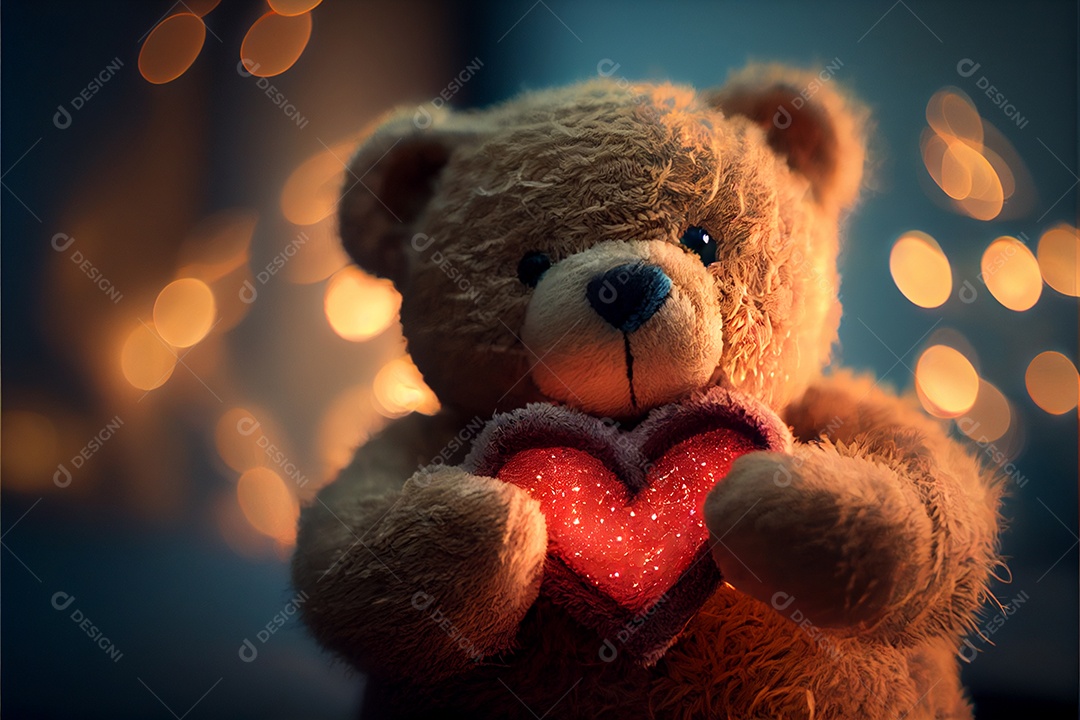 Ursinho de pelúcia segurando coração, amor, dia dos namorados 14 de fevereiro render realista