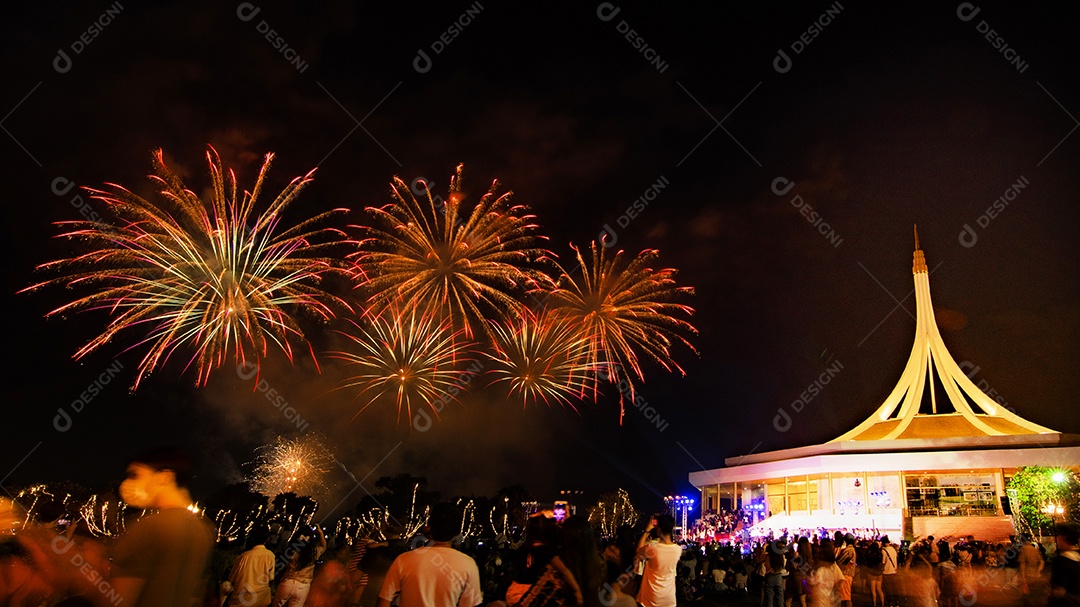Belos fogos de artifício no parque e pessoas olhando para os fogos de artifício