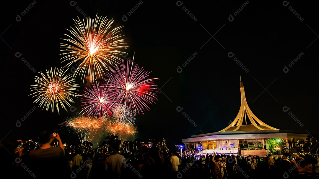 Belos fogos de artifício no parque e pessoas olhando para os fogos de artifício