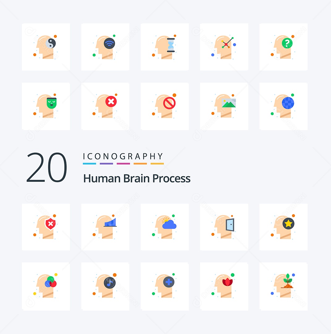 Pacote de ícones de cores planas do processo do cérebro humano como mentes pensantes Vetor EPS