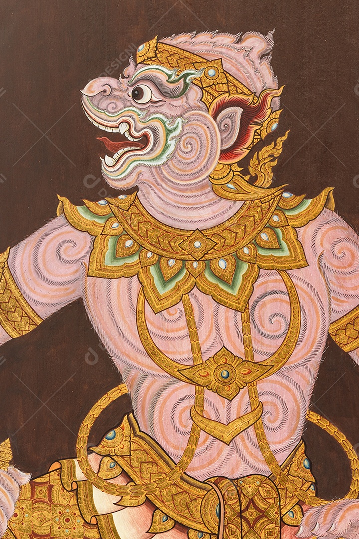 A imagem de Hanuman literatura Ramayana na parede de Wat Phra Kaew