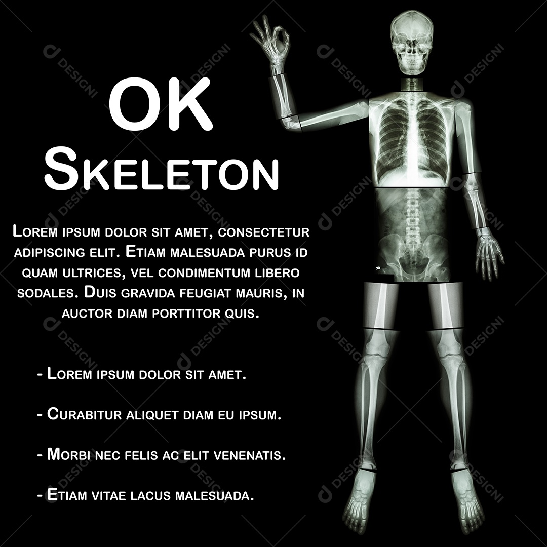 Esqueleto osso humano levanta a mão e faz sinal de OK