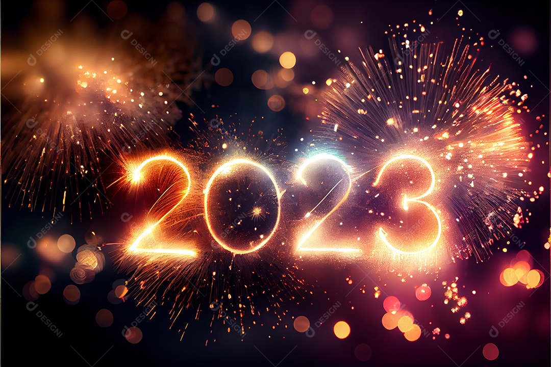 Fundo de ano novo 2023 com luz de bokeh de fogos de artifício e papel de parede