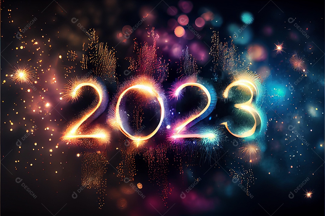 Fundo de ano novo 2023 com luz de bokeh de fogos de artifício e papel de parede