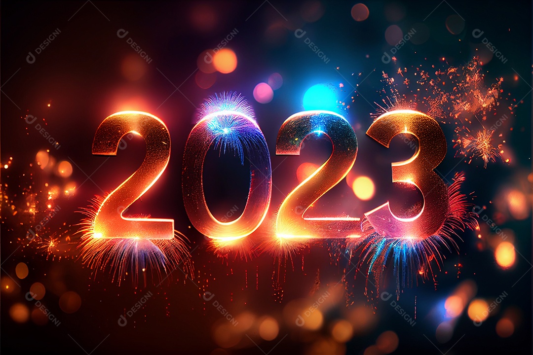 Fundo de ano novo 2023 com luz de bokeh de fogos de artifício e papel de parede