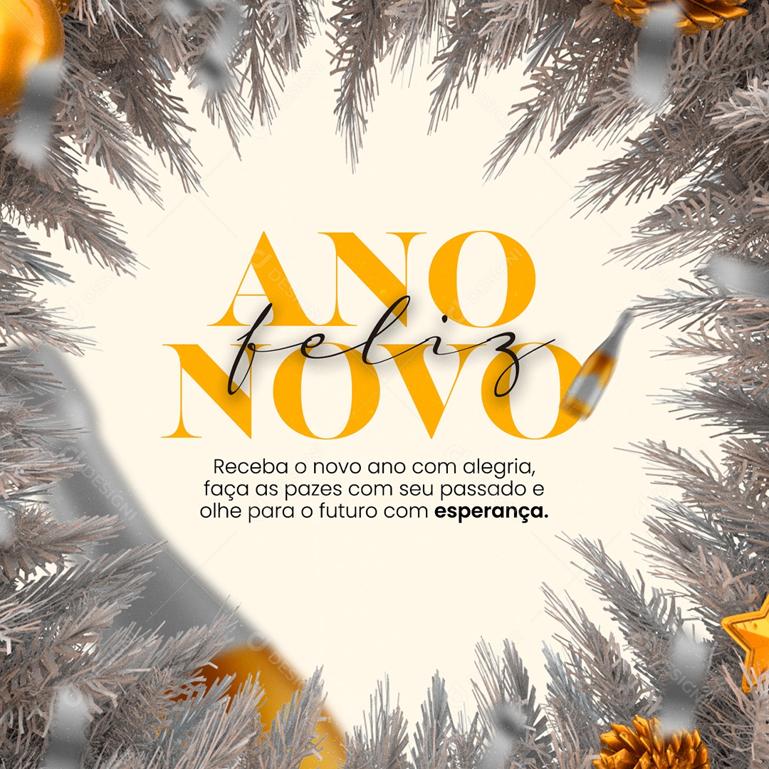 Receba o Novo Ano com Alegria Feliz Ano Novo Social Media PSD Editável