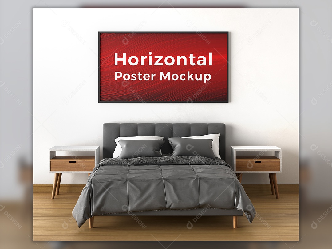 Mockup Quadro Horizontal em Quarto PSD Editável