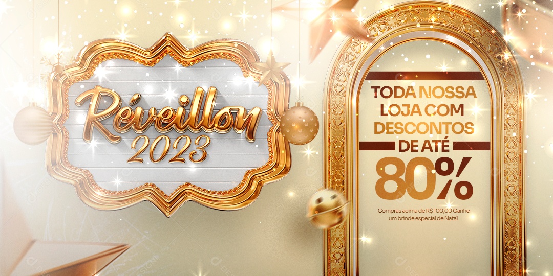 Banner Réveillon 2023 Toda Nossa Lojas com Descontos de Até 80% Social Media PSD Editável
