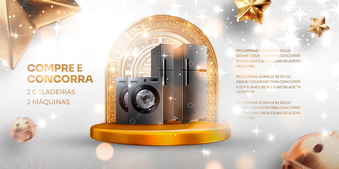 Banner Compre e Concorra 2 Geladeiras 2 Máquinas Eletrodomésticos Feliz Ano Novo Social Media PSD Editável