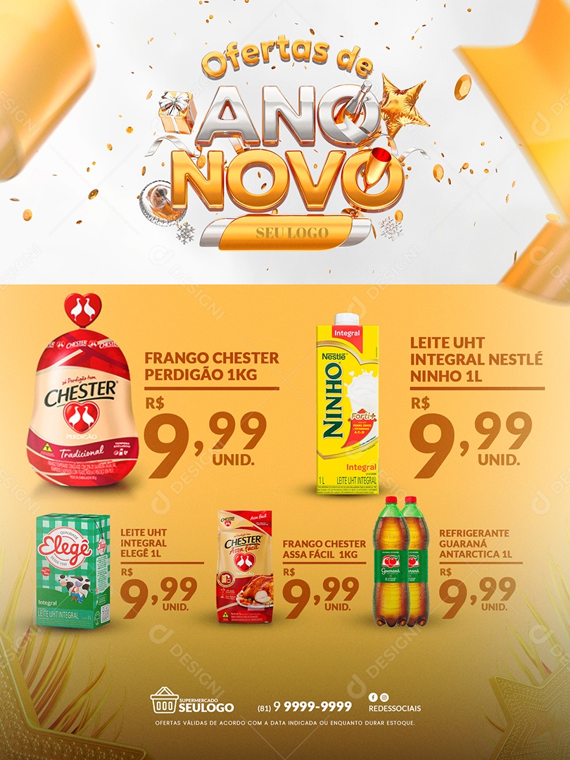 Encarte de Supermercado Ofertas de Ano Novo Social Media PSD Editável