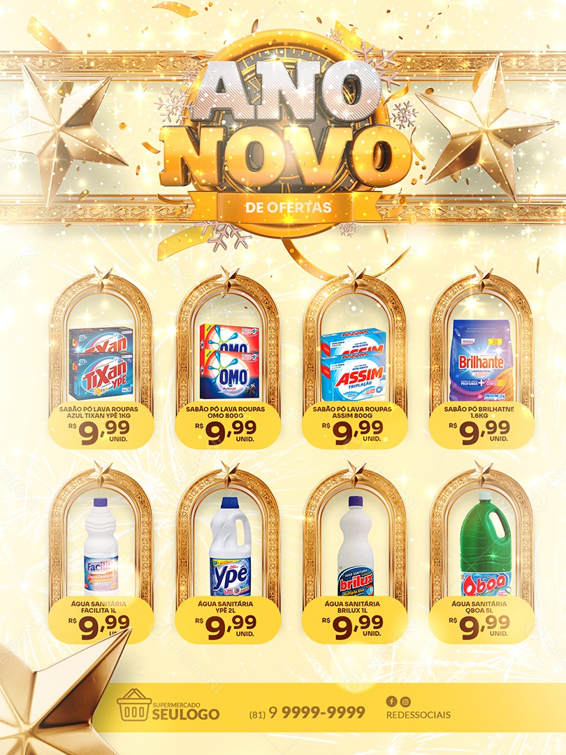 Encarte de Supermercado Ofertas de Ano Novo Social Media PSD Editável