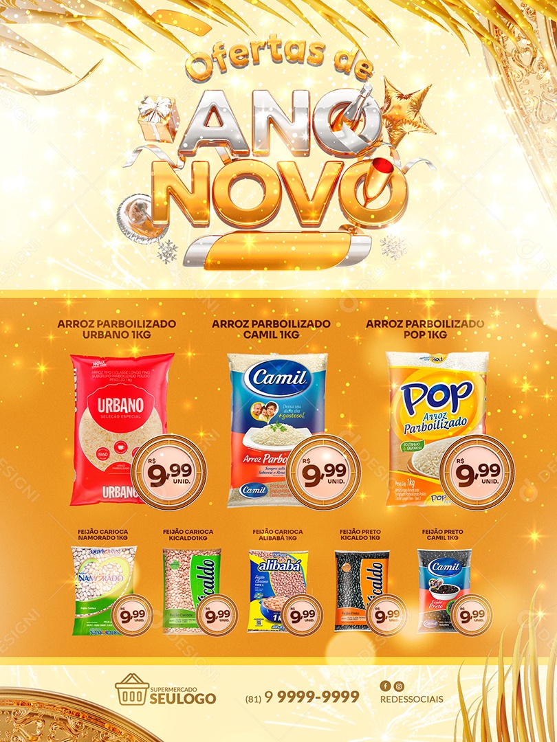 Encarte de Supermercado Ofertas de Ano Novo Social Media PSD Editável