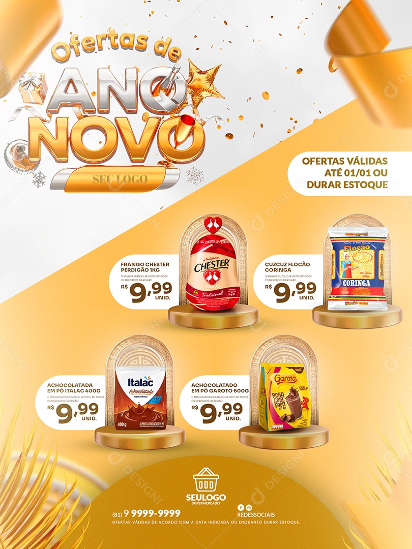 Encarte de Supermercado Ofertas de Ano Novo Social Media PSD Editável