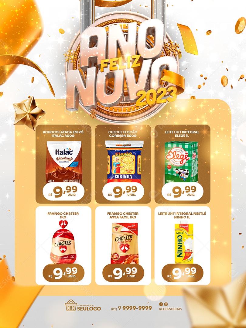 Encarte de Supermercado Feliz Ano Novo 2023 Social Media PSD Editável