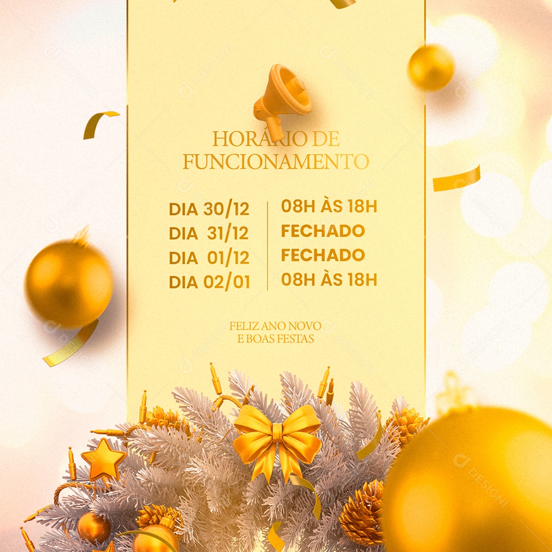 Horário de Funcionamento Recesso da Virada Ano Novo Social Media PSD Editável