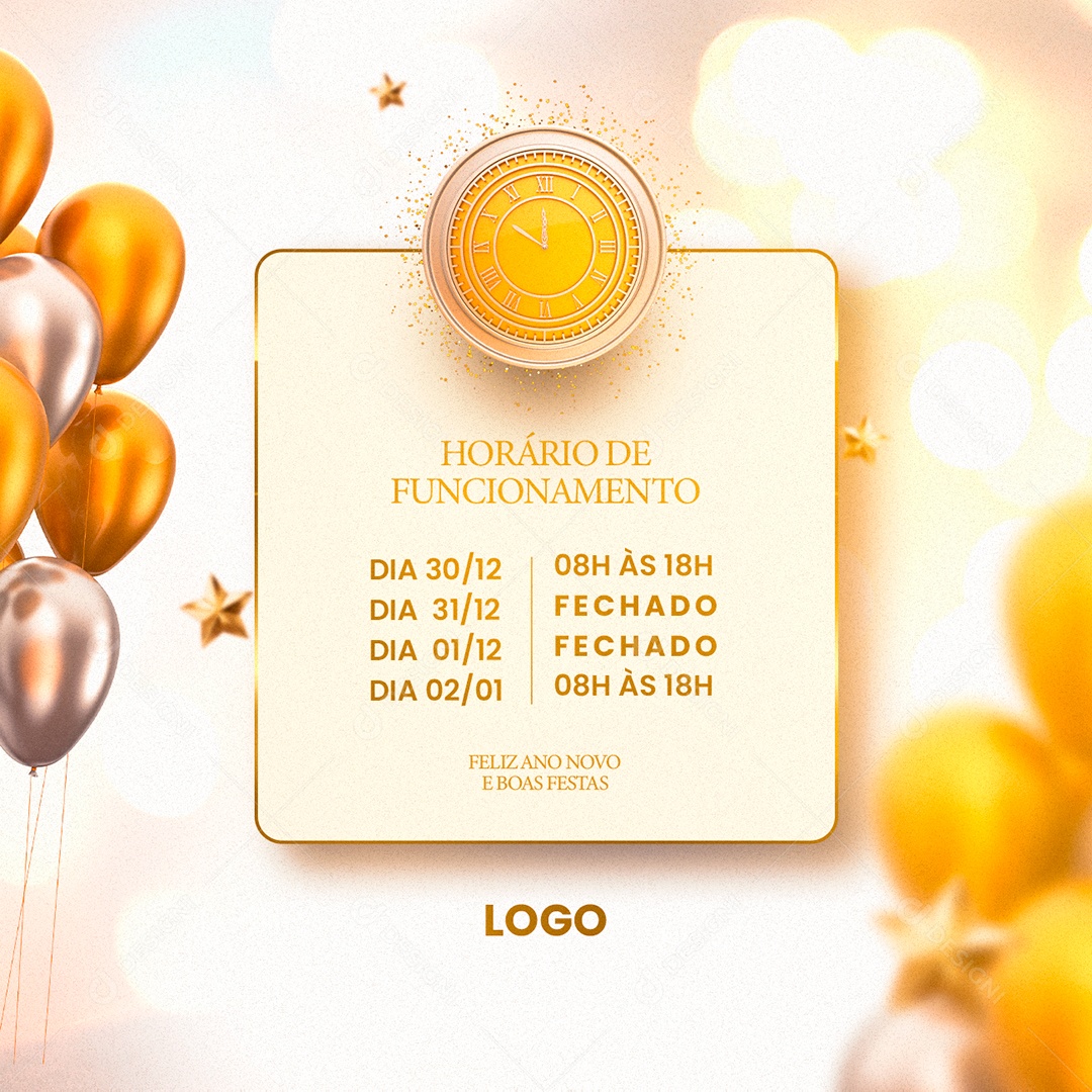 Horário de Funcionamento Recesso da Virada Ano Novo Social Media PSD Editável