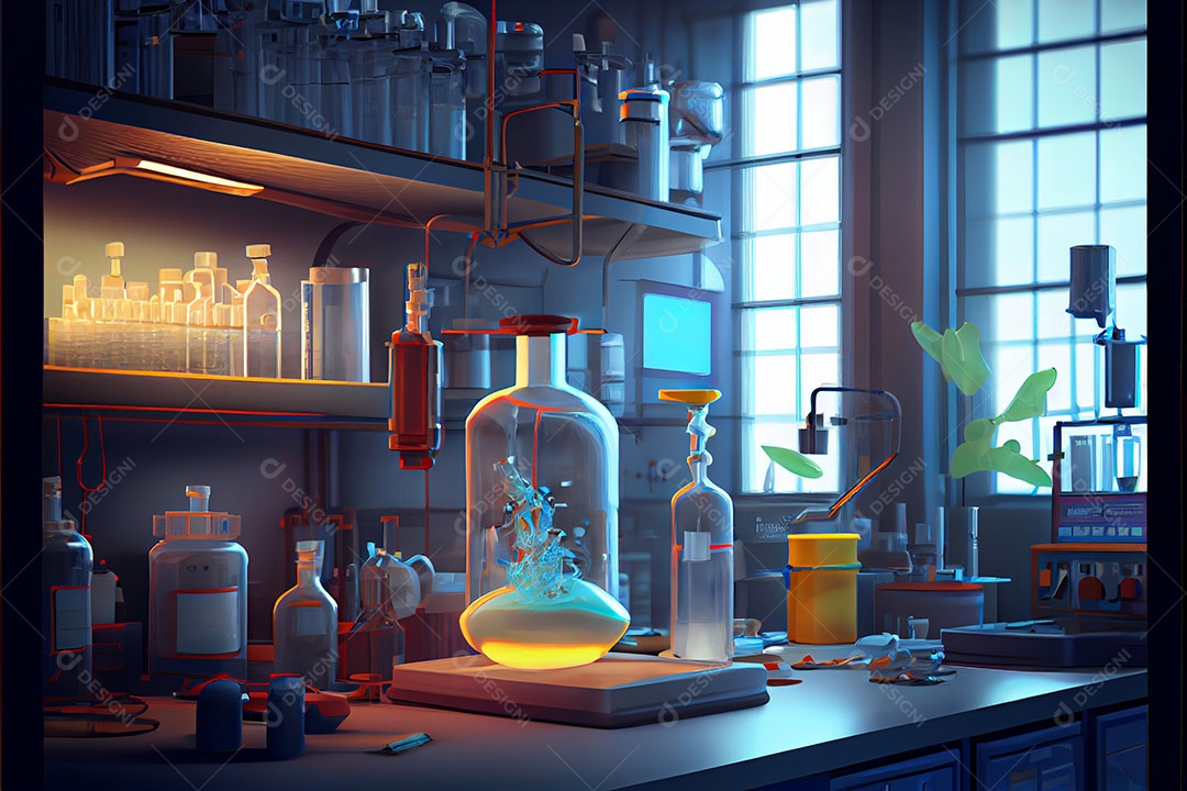 Ciência de laboratório de desenho animado Renderização 3D realista Dia Nacional da Ciência