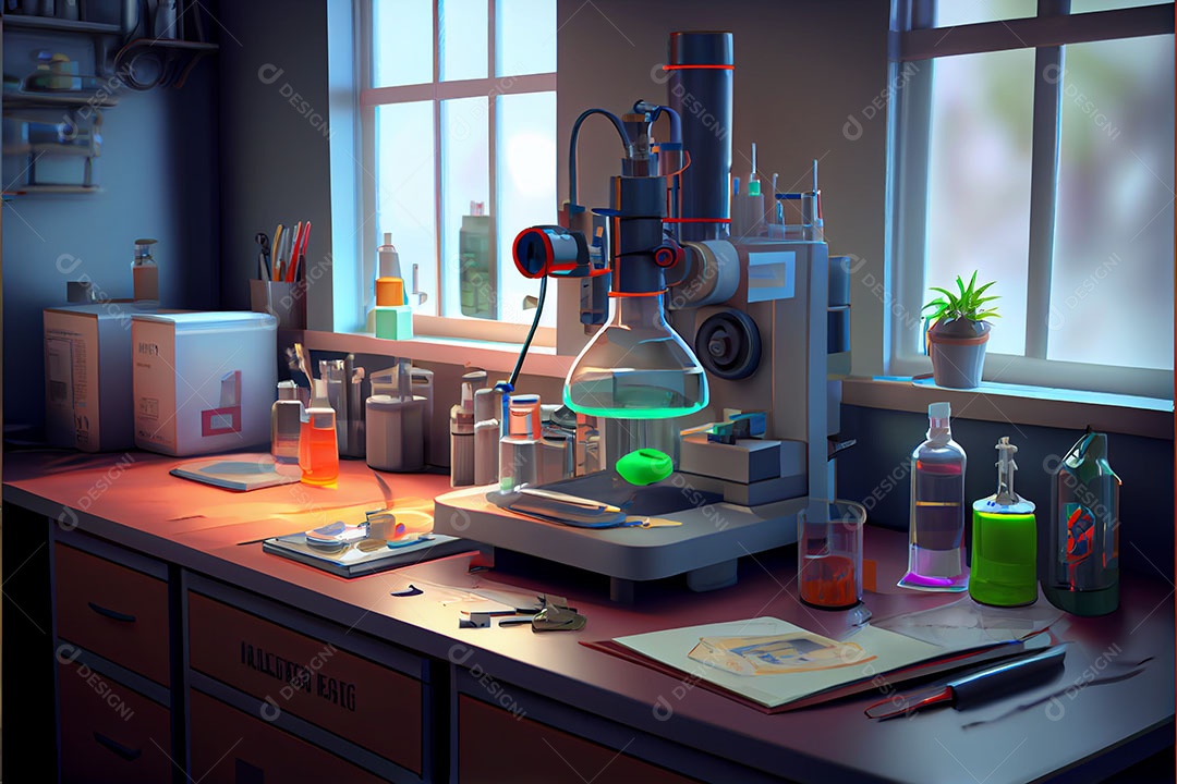 Ciência de laboratório de desenho animado Renderização 3D realista Dia Nacional da Ciência