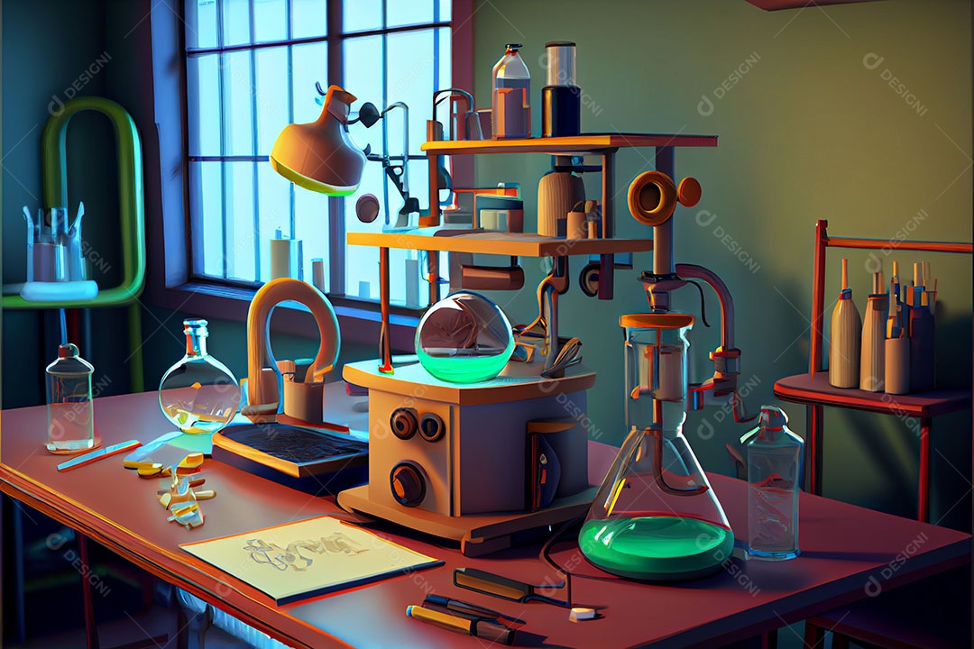 Ciência de laboratório de desenho animado Renderização 3D realista Dia Nacional da Ciência