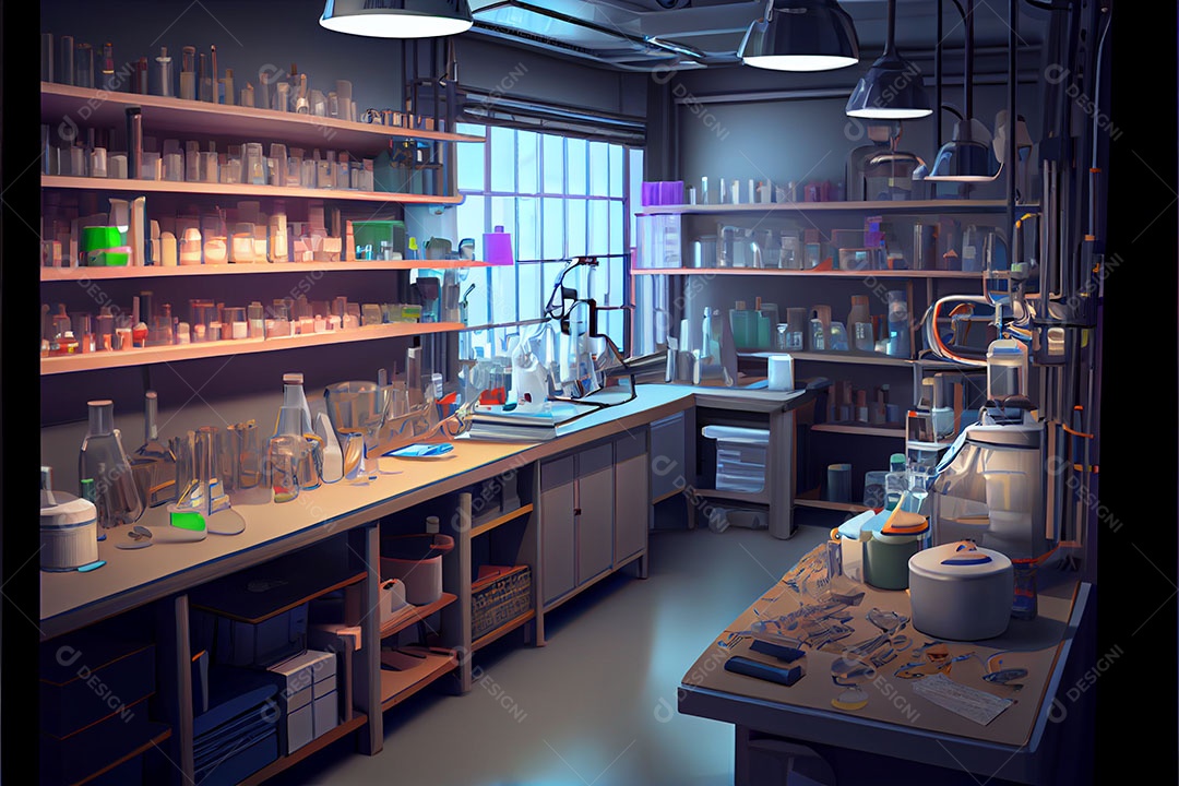 Ciência de laboratório de desenho animado Renderização 3D realista Dia Nacional da Ciência