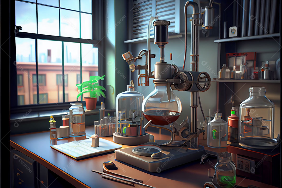 Ciência de laboratório de desenho animado Renderização 3D realista Dia Nacional da Ciência