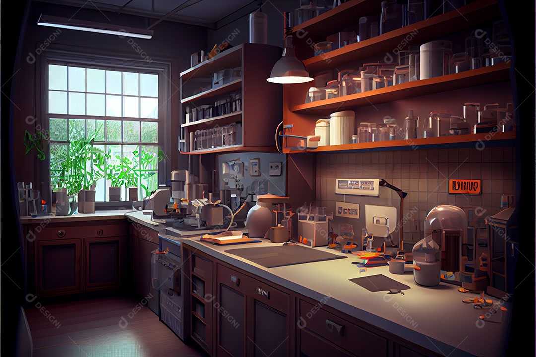 Laboratório de desenho animado Science Renderização 3D realista Dia Nacional da Ciência 28 de fevereiro