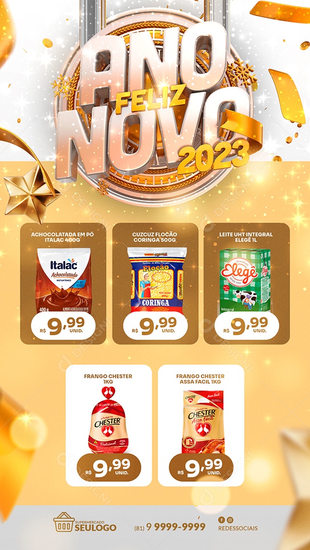 Story Encarte de Supermercado Feliz Ano Novo 2023 Social Media PSD Editável