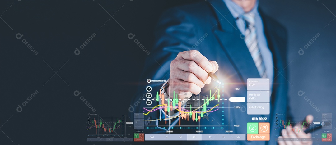 Planejamento analisar indicador e estratégia de compra e venda, mercado de ações, crescimento dos negócios, progresso ou conceito de sucesso.