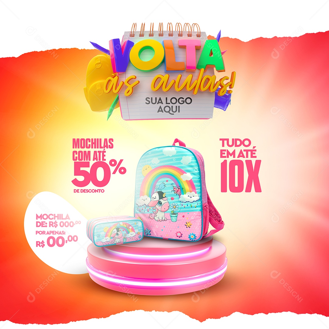 Volta às Aulas Mochilas Com Até 50% de Desconto Social Media PSD Editável