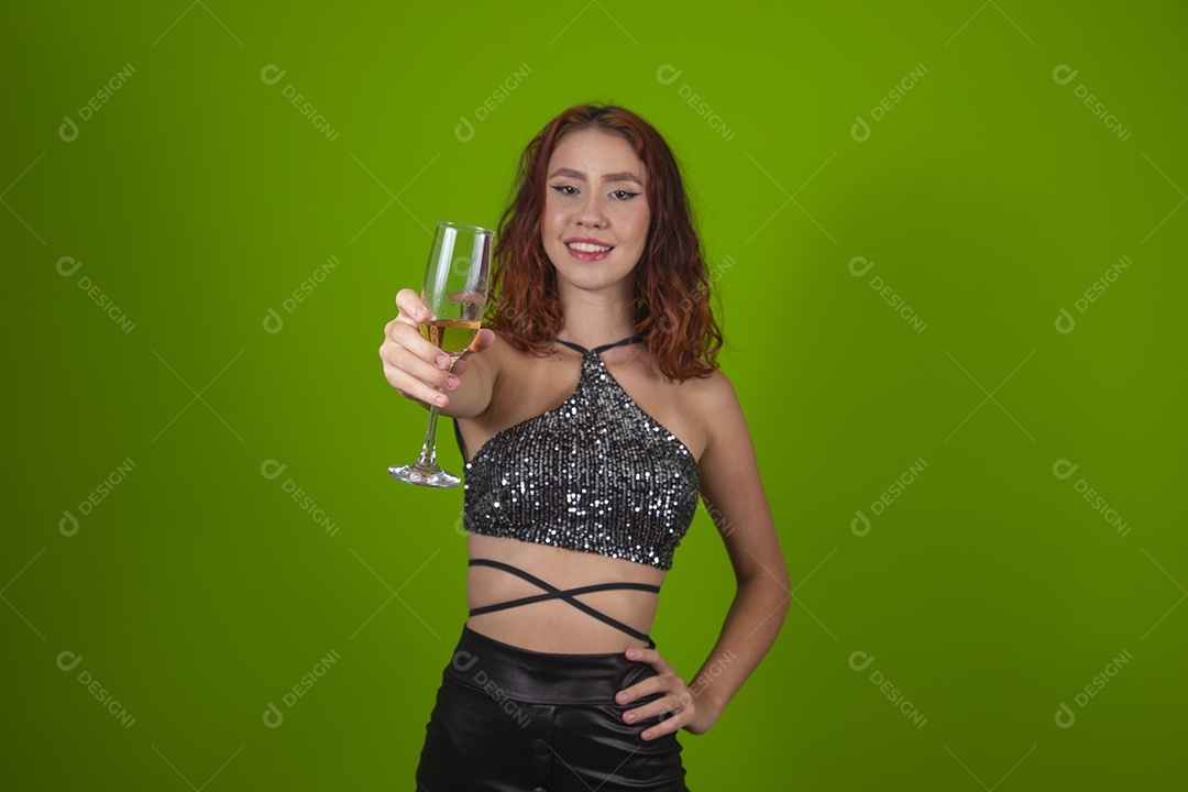 Beautiful young woman girl red hair smiling holding glass bowl